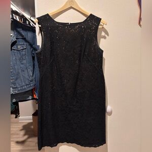 LOFT Black Sleeveless Lace Mini Dress, with a nude lining
